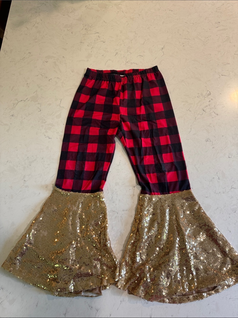 Source Unknown Red & Black Buffalo Plaid Bell Bottoms with Gold Sequin Ruffle